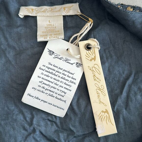 NWT Gold Hawk Women’s 100% Silk Hand Embellished Babydoll Regency Dress Blue L - Picture 9 of 11